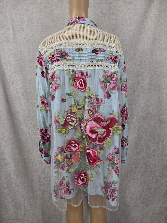 John Mark Tops - John Mark Floral Embroidered Sheer Panel Long Sleeve Top Mixed Pattern Patchwork